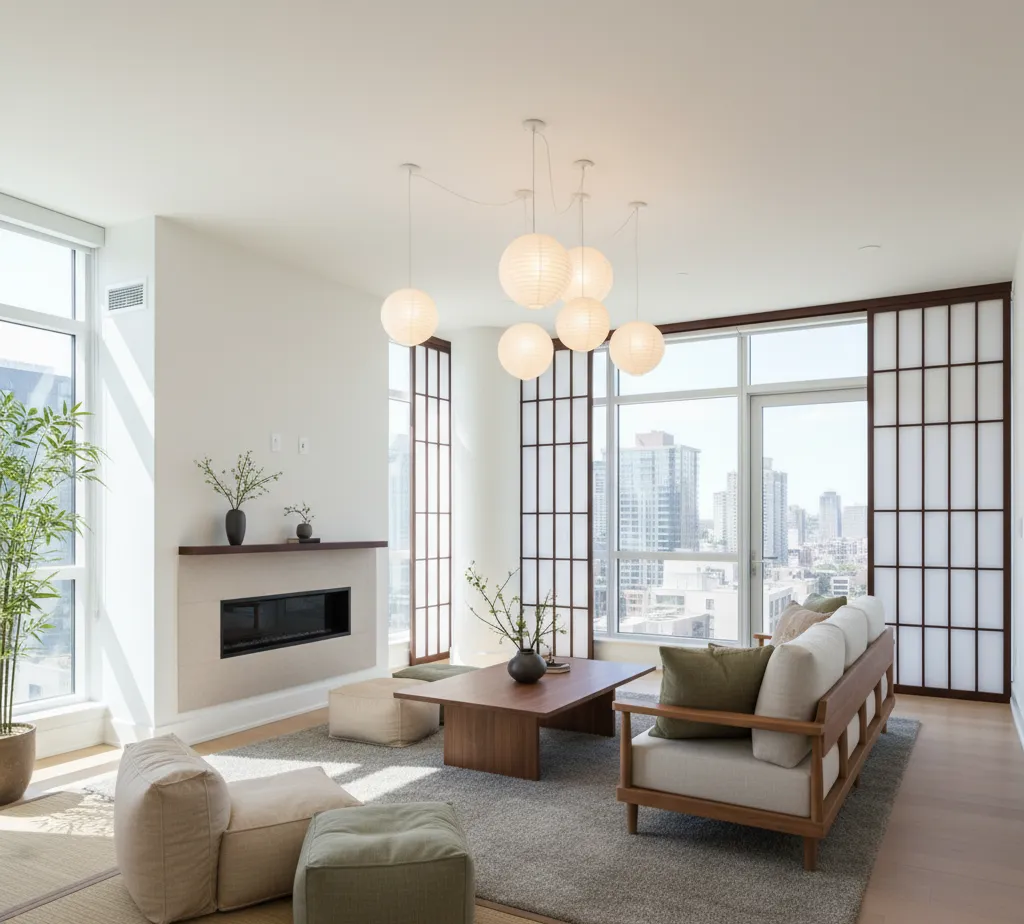 After - Japanese Zen living room virtual staging transformation