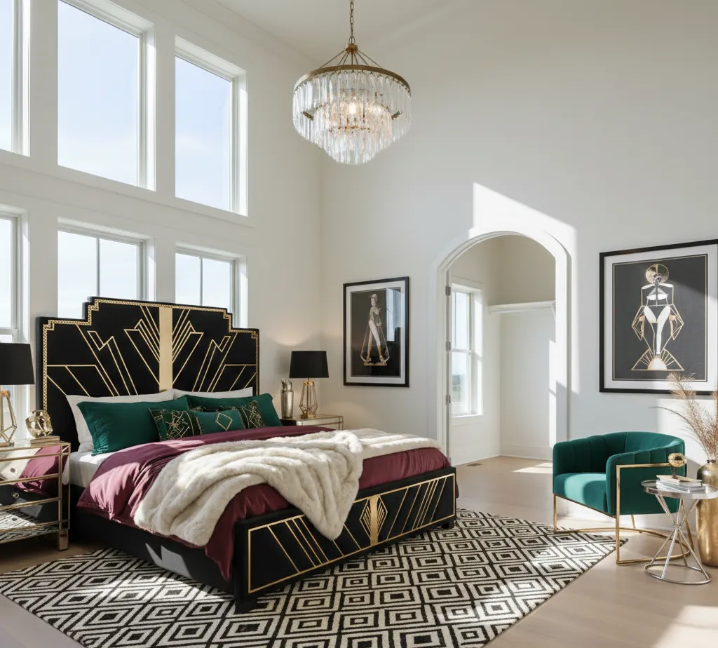 After - Art Deco Glamour bedroom virtual staging transformation