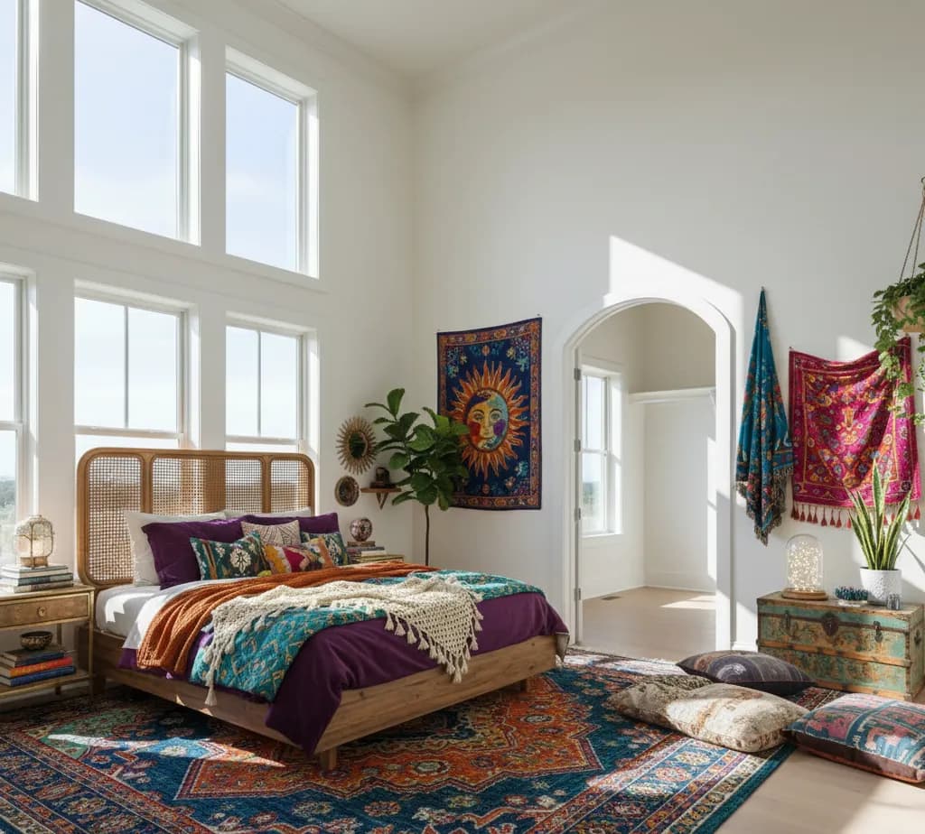 After - Bohemian Eclectic bedroom with vibrant patterns