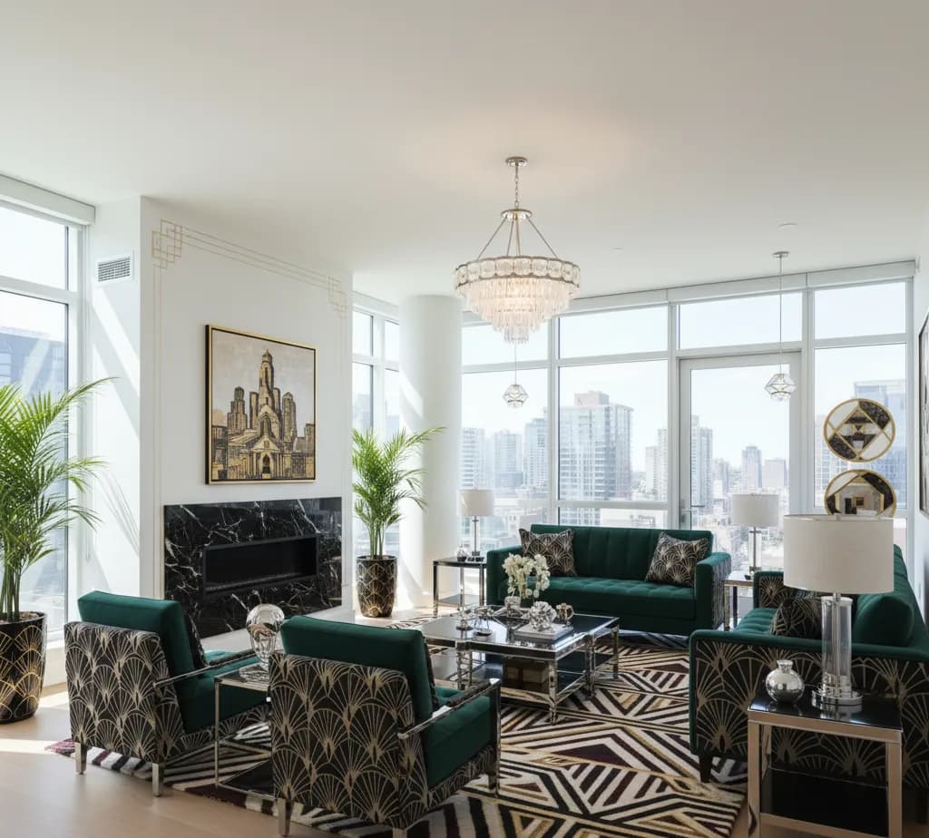 After - Art Deco Glamour living room with gold accents