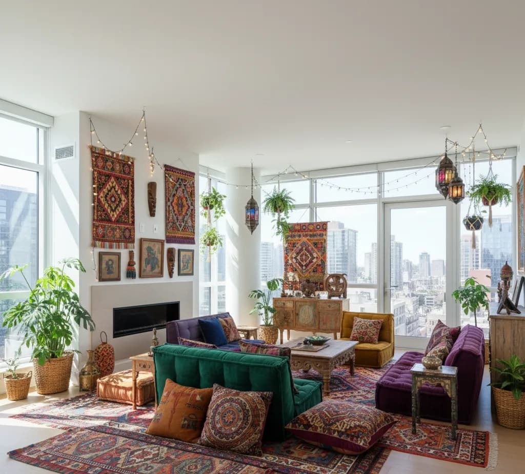 After - Bohemian Eclectic living room with vibrant patterns