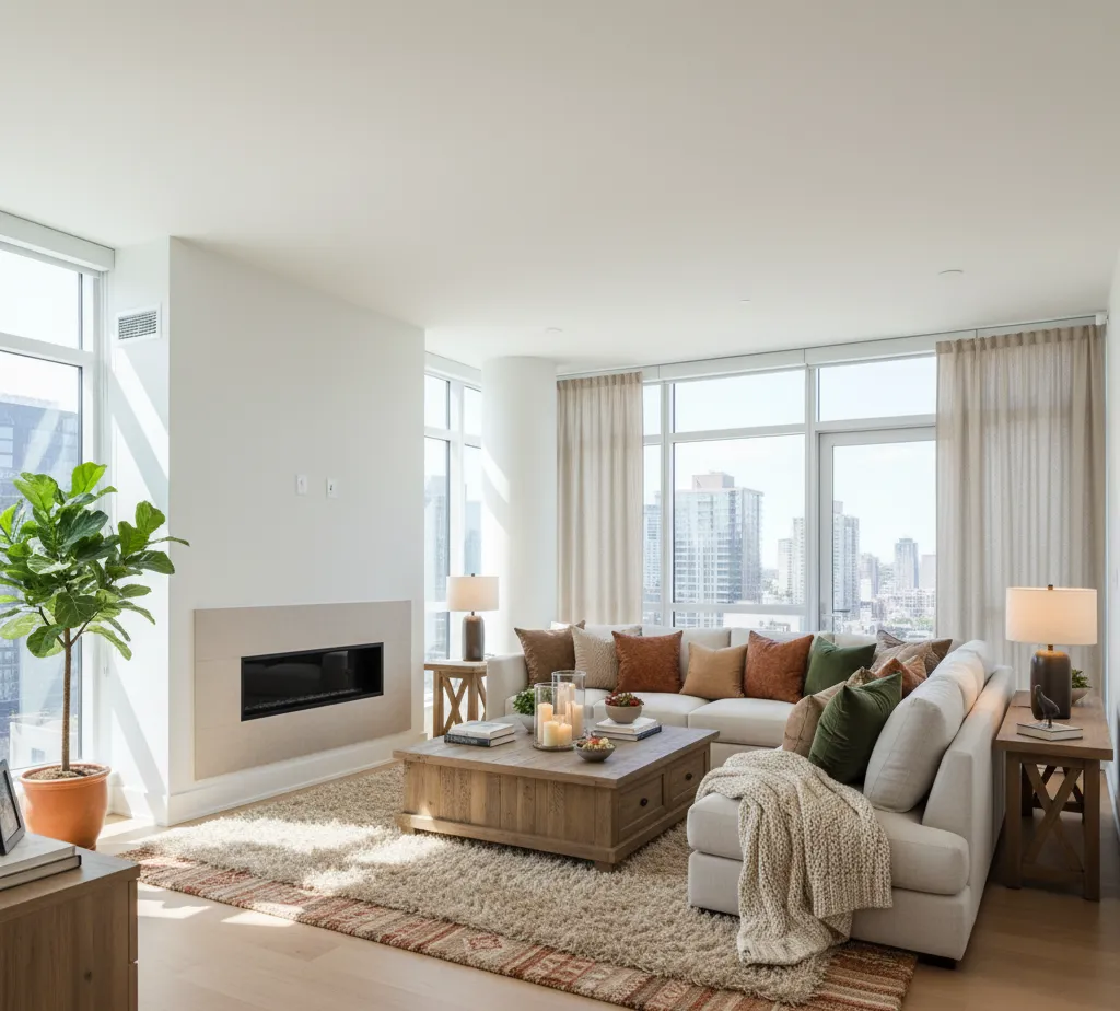 After - Cozy living room virtual staging with warm textures