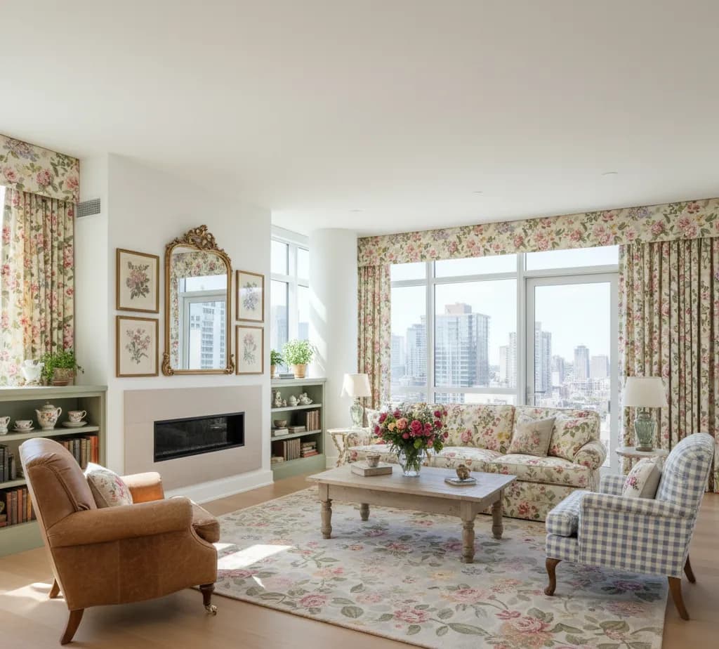 After - English Cottage living room with floral patterns