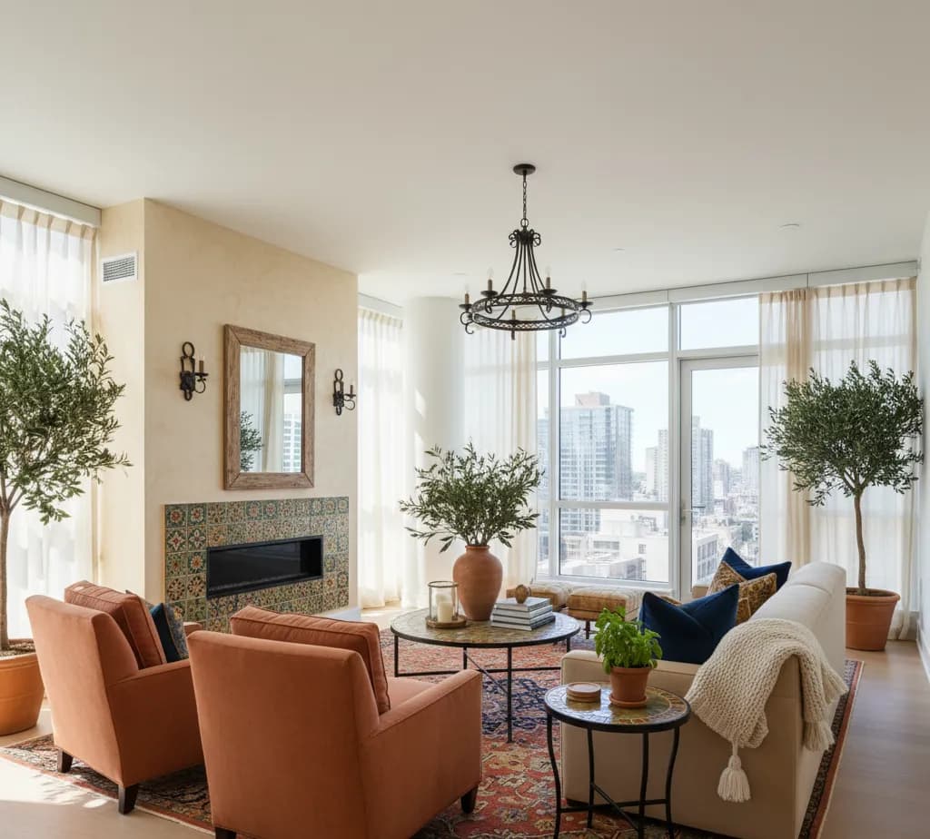 After - Mediterranean living room with warm earth tones