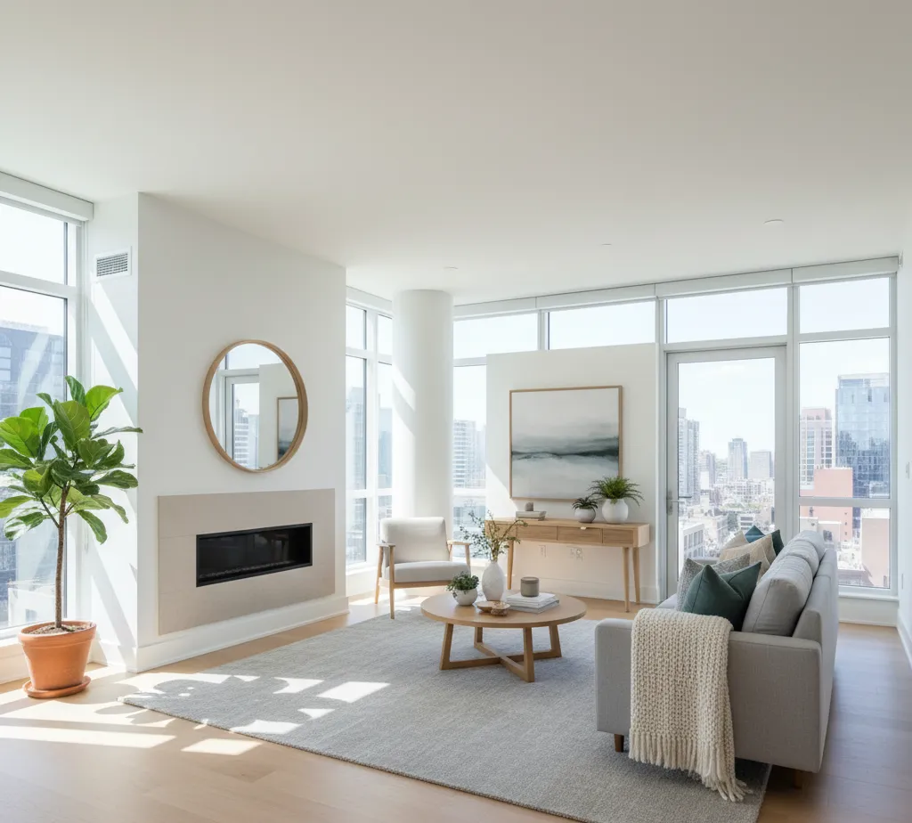 After - Scandinavian living room virtual staging with light wood