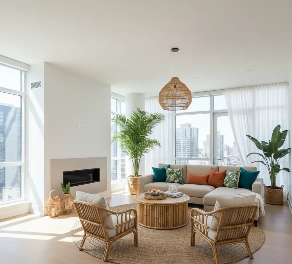 After - Tropical Resort living room with palm motifs